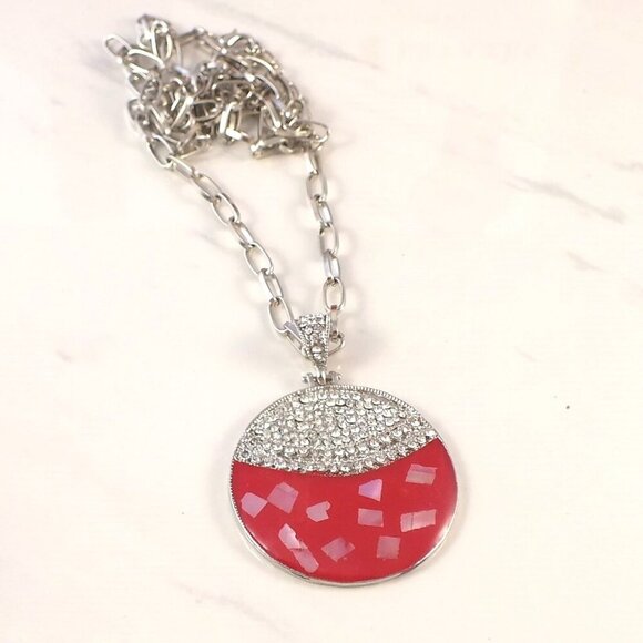 Large Round Red Pendant with Long Necklace - Picture 1 of 6